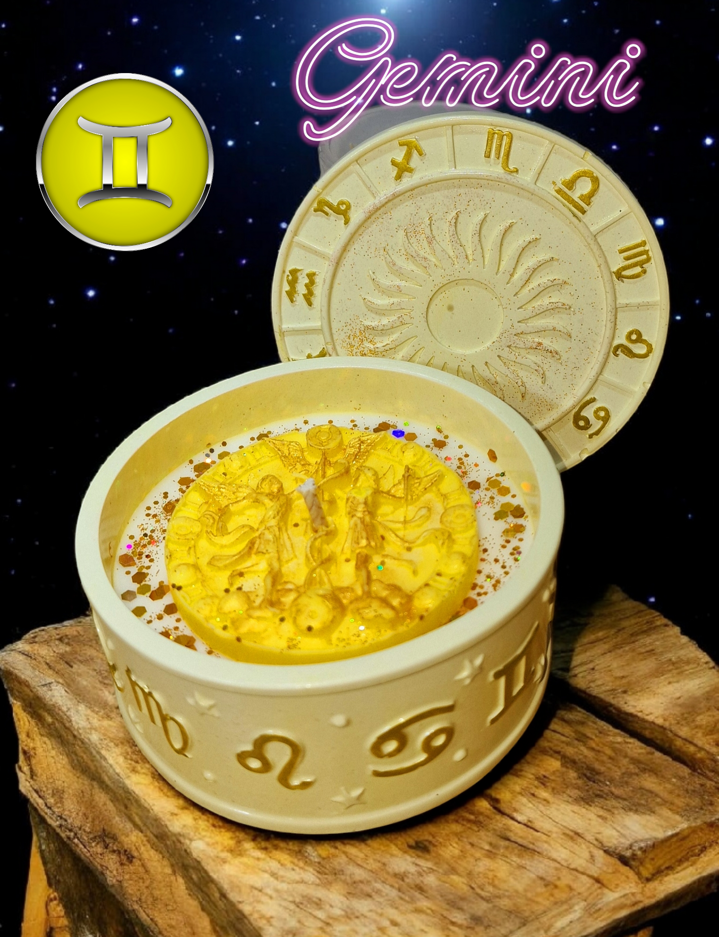 Handmade round candle container with lid with all 12 zodiac signs all around the container.
