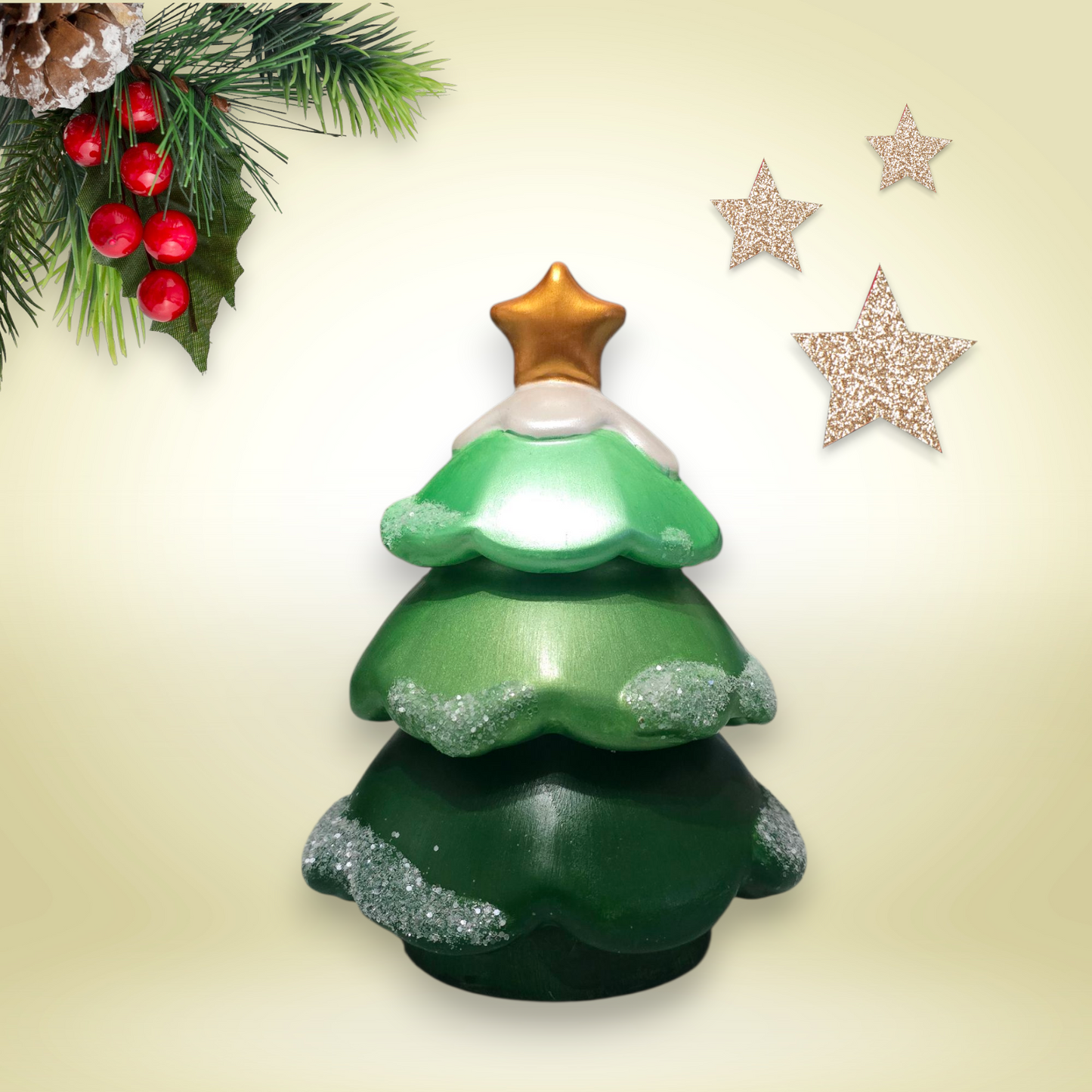 Handmade Stackable Christmas Tree Candle Set features three layers of clean-burning soy wax, beautifully crafted in eco-friendly gypsum jars.