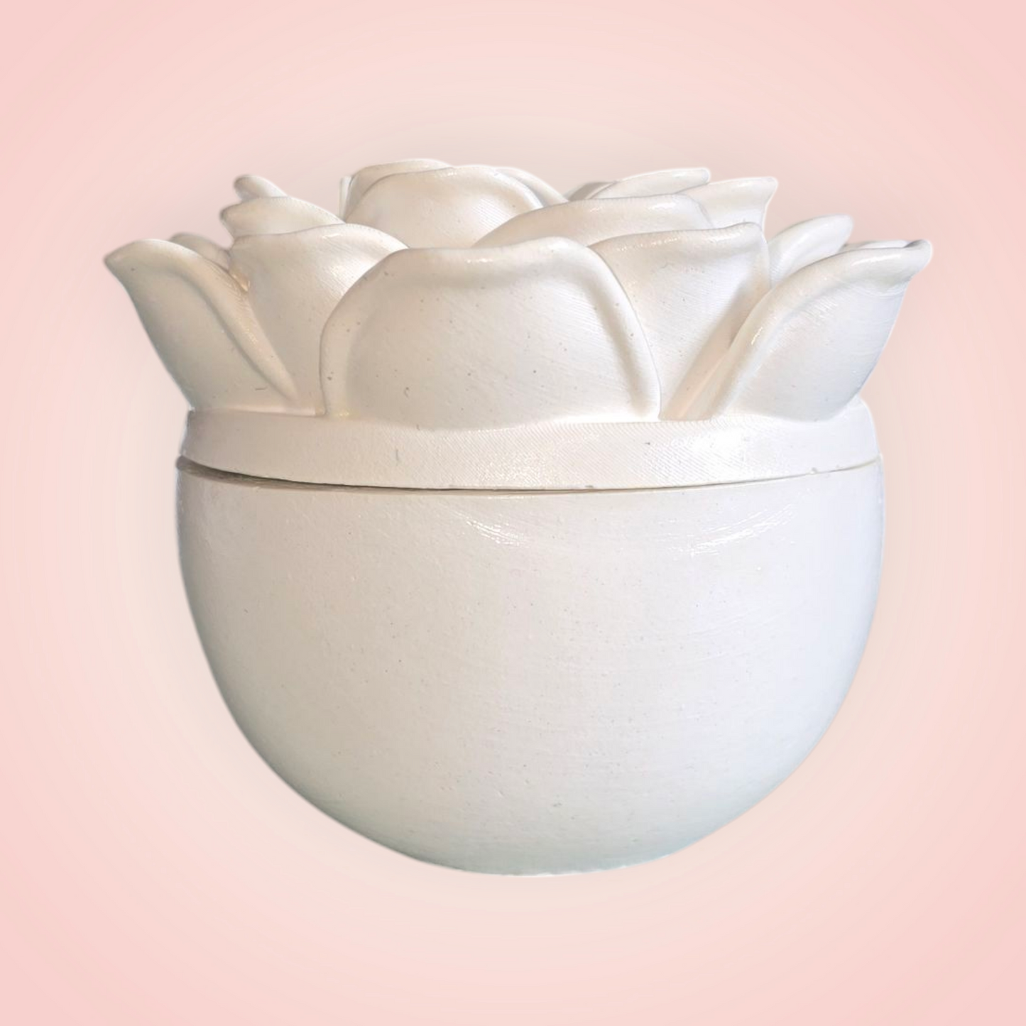 Fully blossomed rose candle jar filled with soy wax candle. 