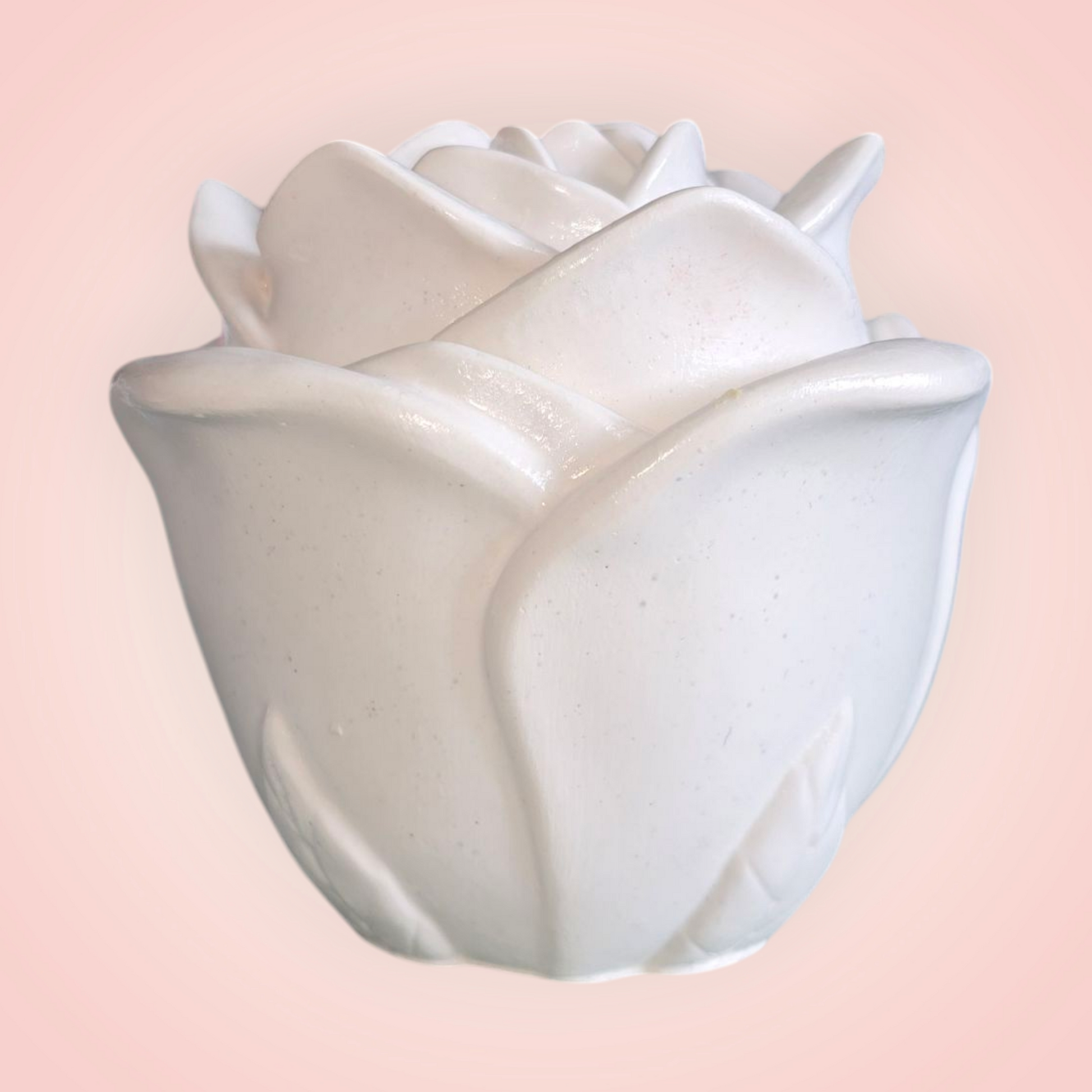 White rose blossom shape candle jar with lid, filled with soy wax candle..